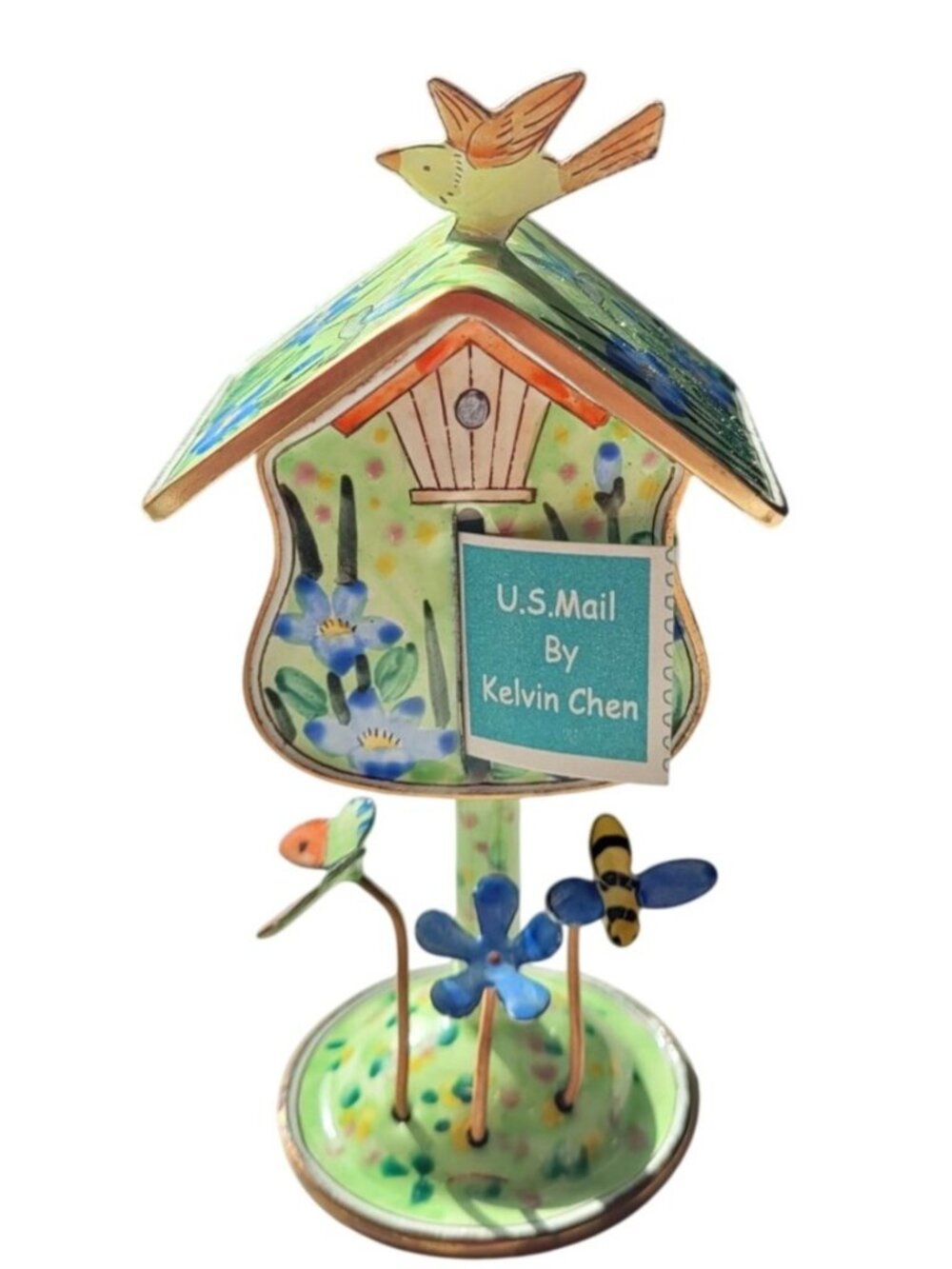 Vintage Kelvin Chen Enameled Metal Bird House Stamp Holder 2001 Signed